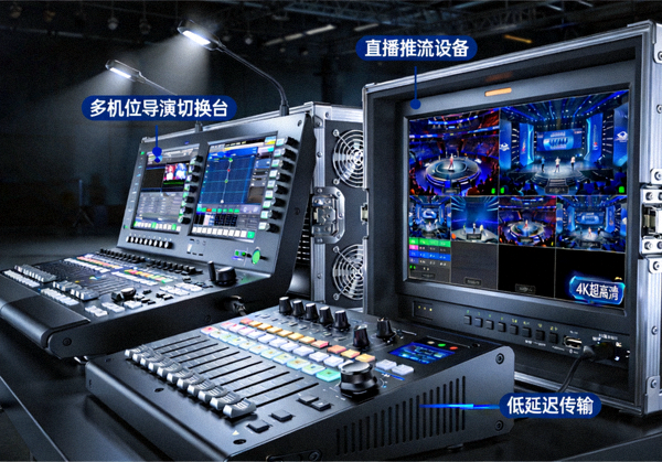 多机位导演切换台与直播推流设备画面，展示电竞转播技术实力